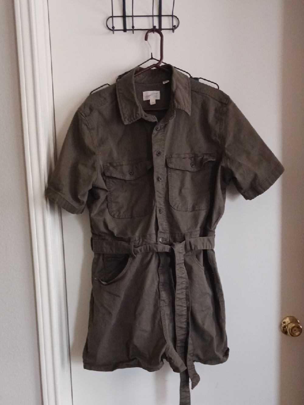Utility Short Sleeve Romper in Olive Green